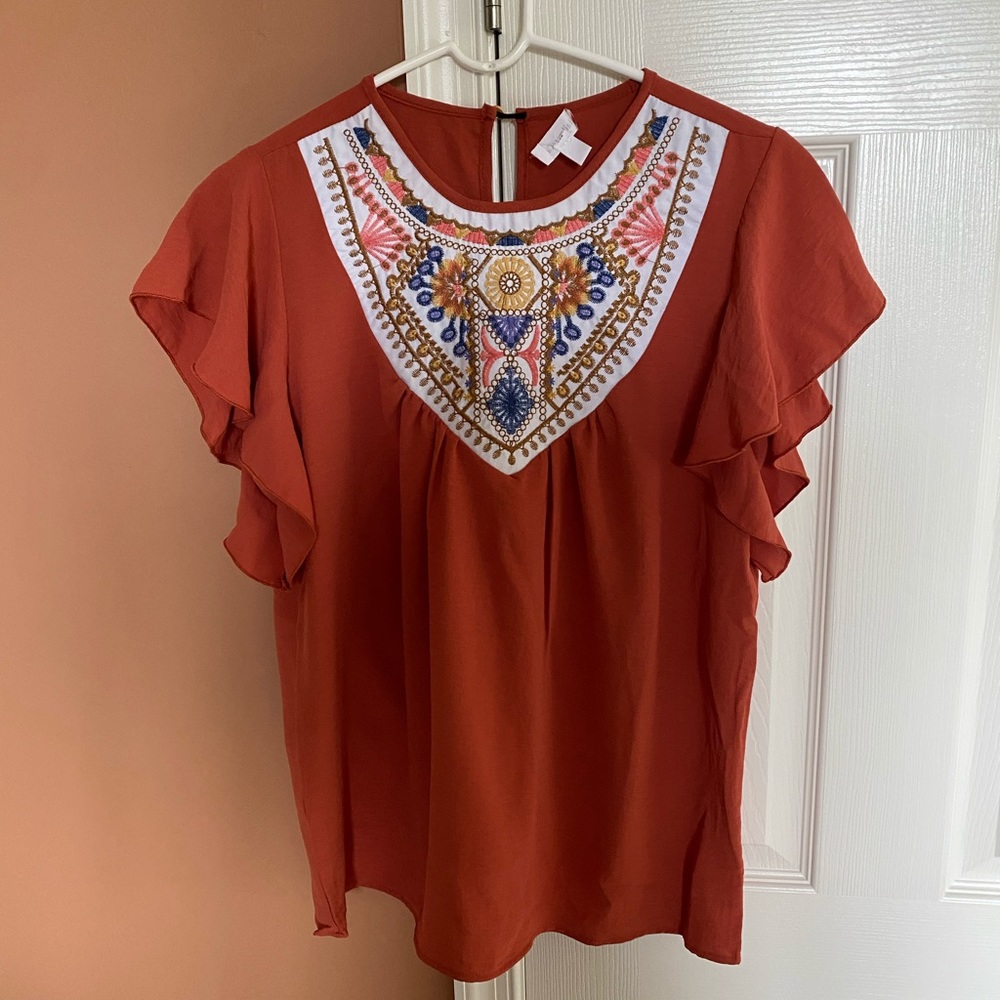 Rust Embroidered Flutter Top Size Small